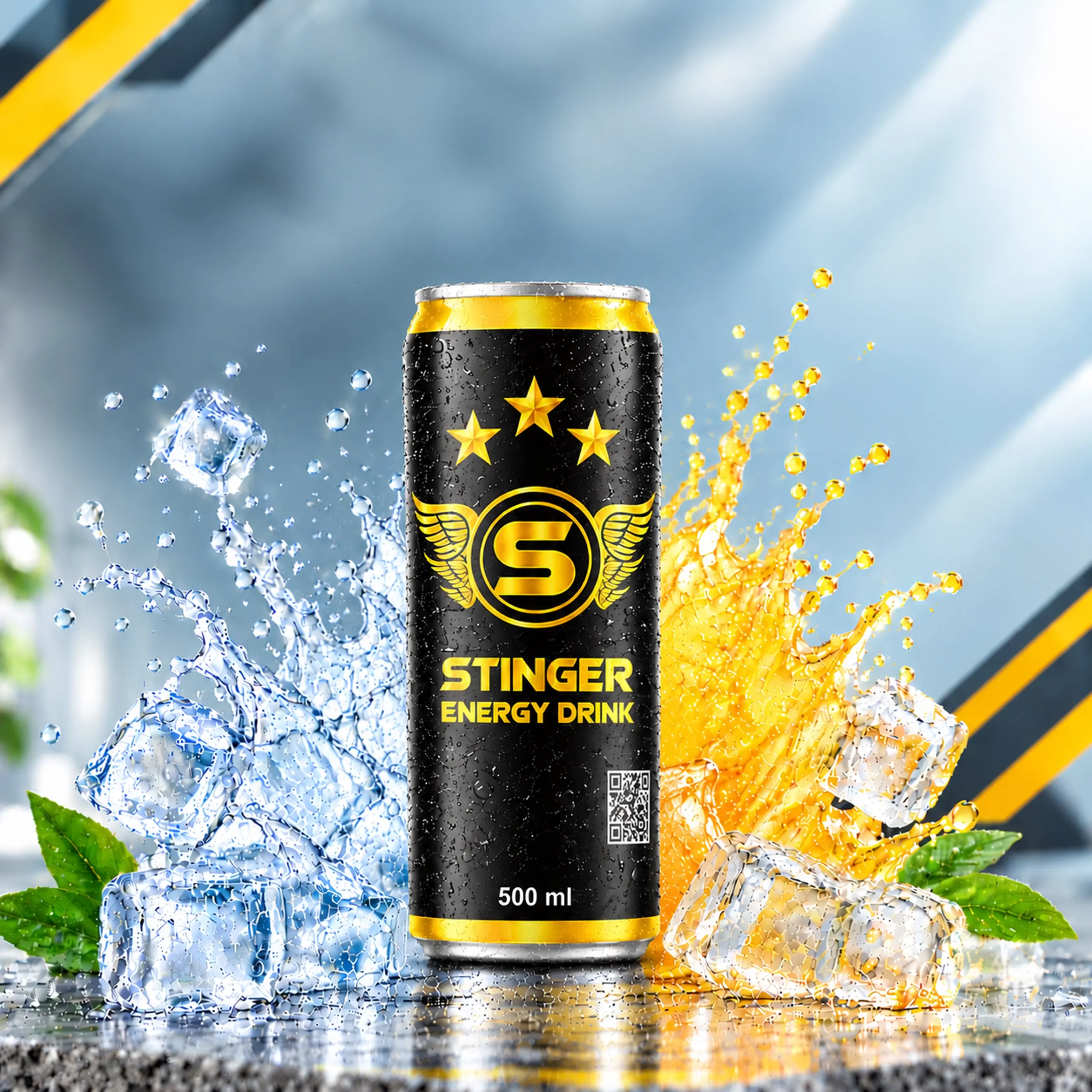 STINGER Energy Drink 500 ml black and gold can with condensation, ice cubes and blue-gold splashes.